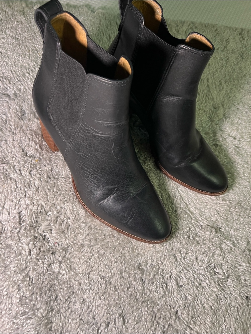 Madewell Black Leather Chelsea Ankle Boots with Brown Heel